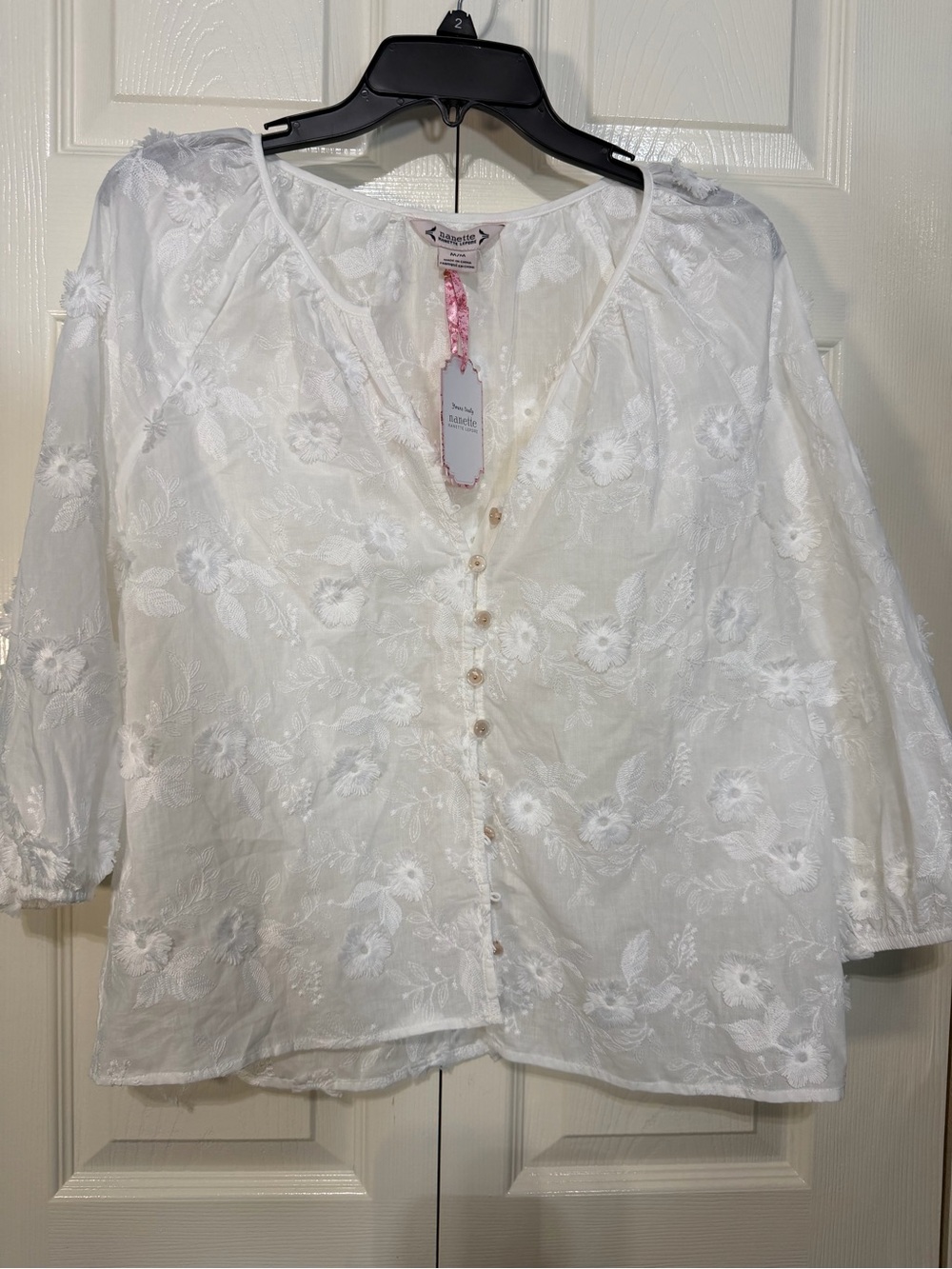Nanette Lepore White Embroidered Button-Front Peasant Blouse